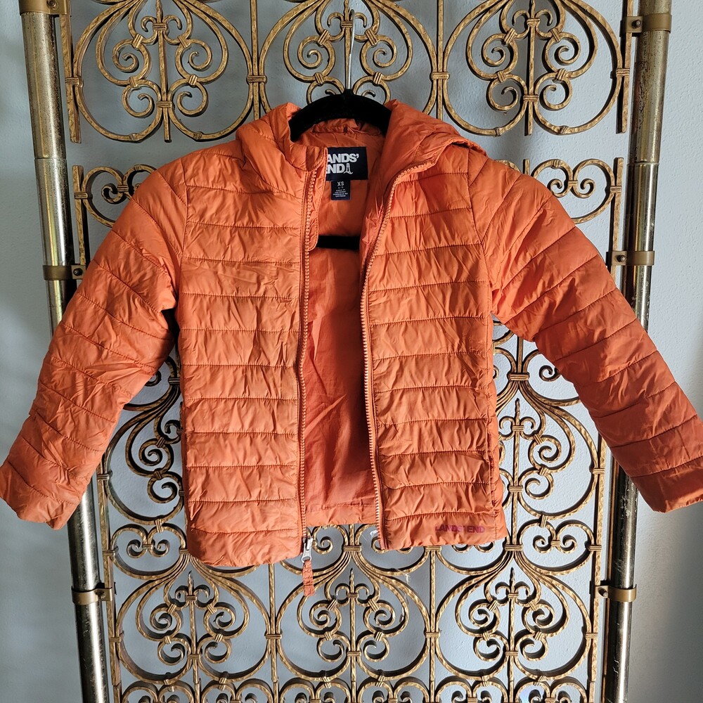 Lands' End Kids Packable Jacket Orange XS Hooded Quilted